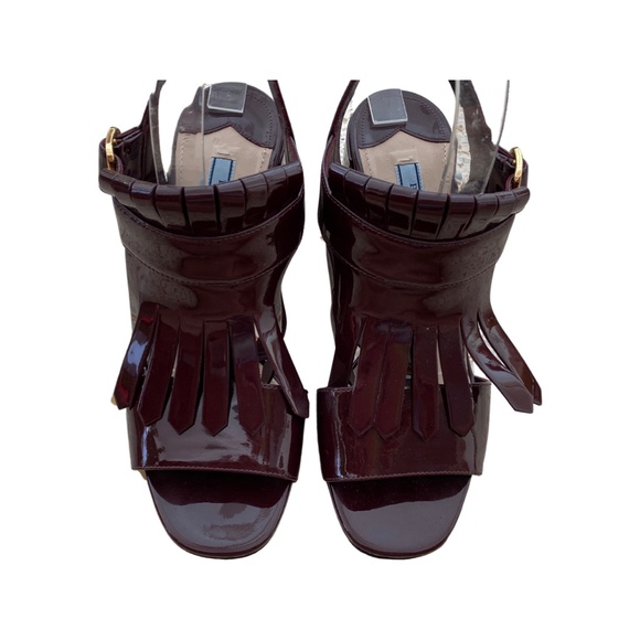 PRADA Burgundy Fringe Patent Leather Heel Sandals - Picture 4 of 8